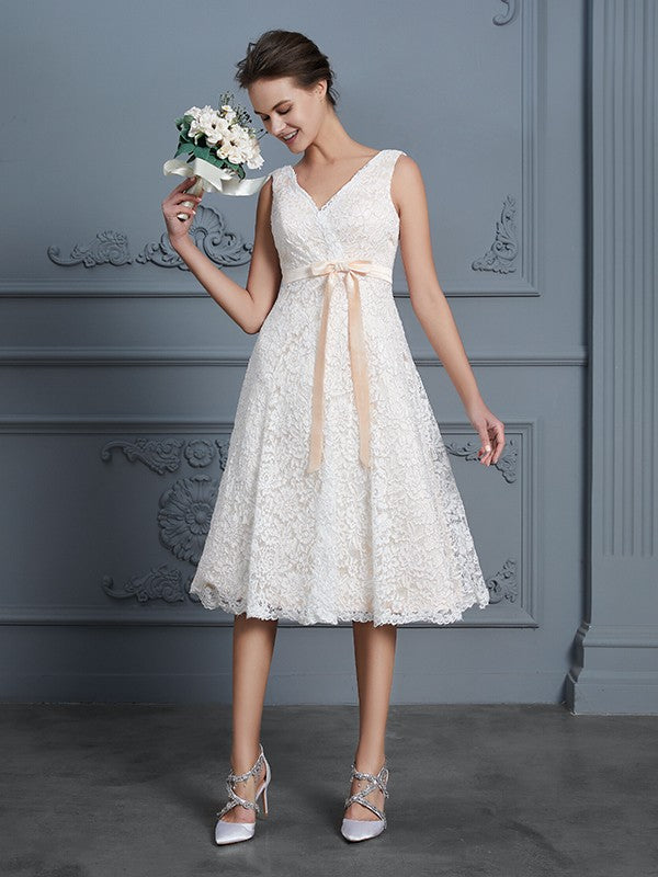 A-Line V-Neck Lace Sleeveless Knee-Length Wedding Dress - Chloe Dress