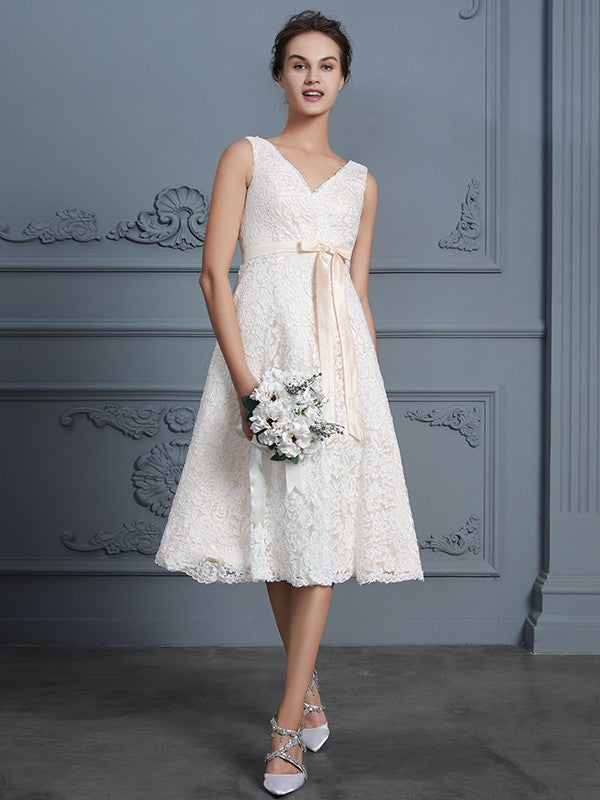 A-Line V-Neck Lace Sleeveless Knee-Length Wedding Dress - Chloe Dress