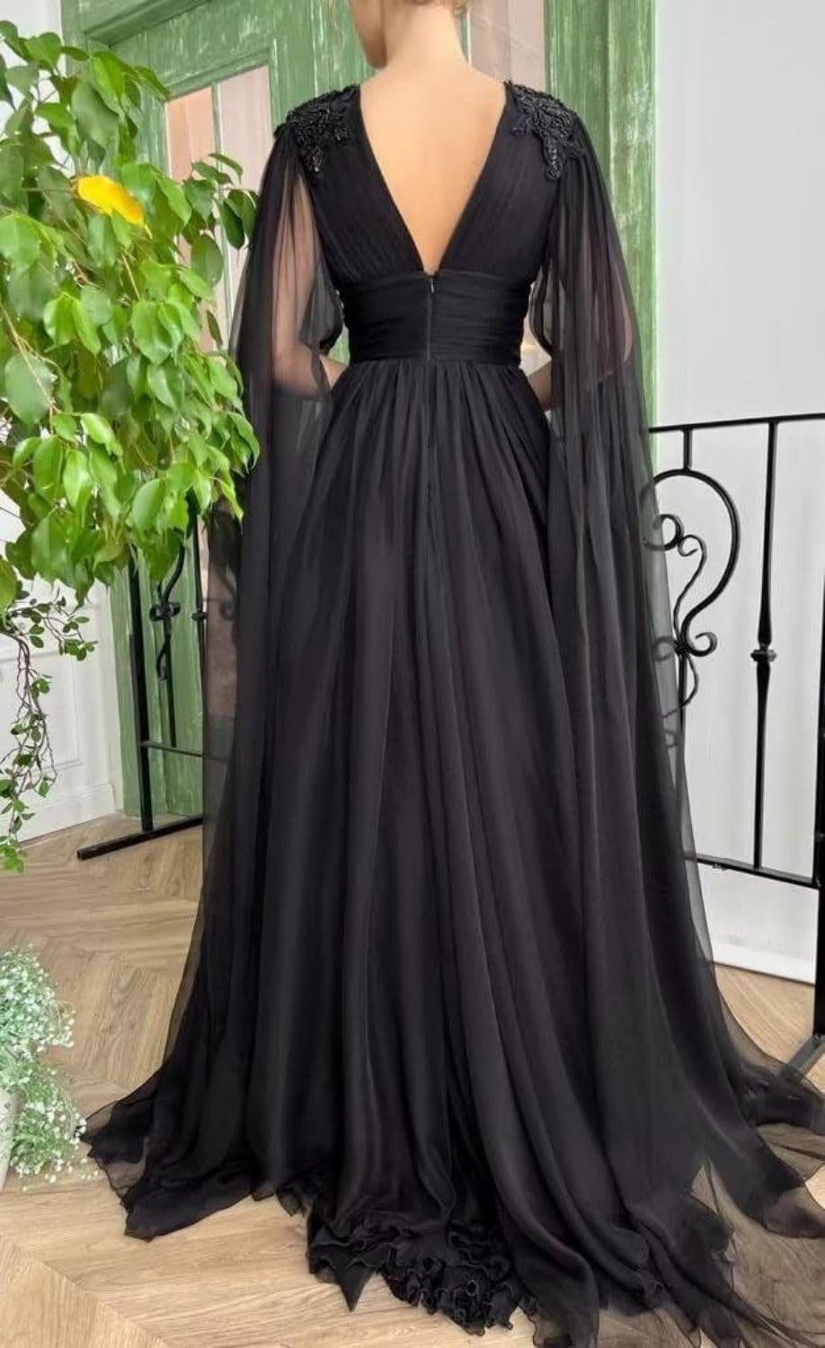 Black A-Line V-Neck Chiffon Long Sleeve Button Back High Slit Evening Gown - Chloe Dress