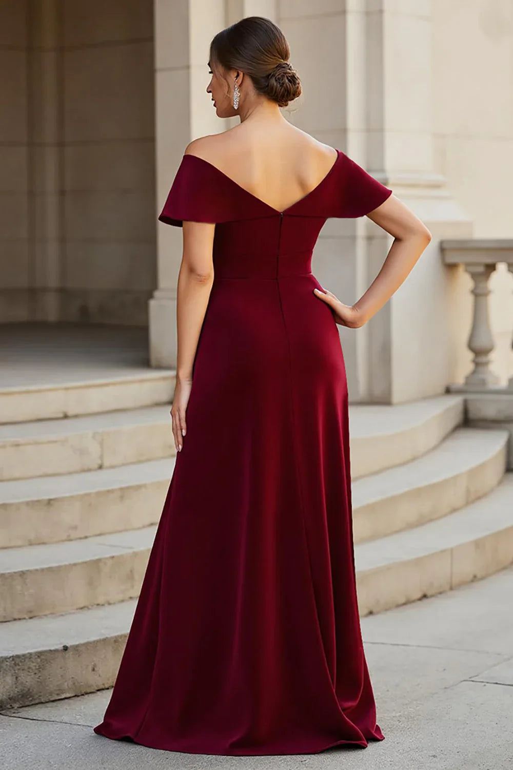 Burgundy Off‑The‑Shoulder A‑Line Chiffon Mother of the Bride Dress