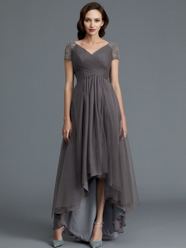A-Line V-Neck Tulle Short Sleeve Asymmetric Mini Dress - Chloe Dress