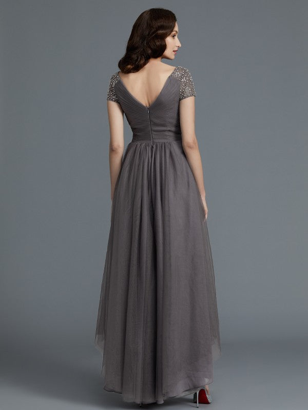 A-Line V-Neck Tulle Short Sleeve Asymmetric Mini Dress - Chloe Dress
