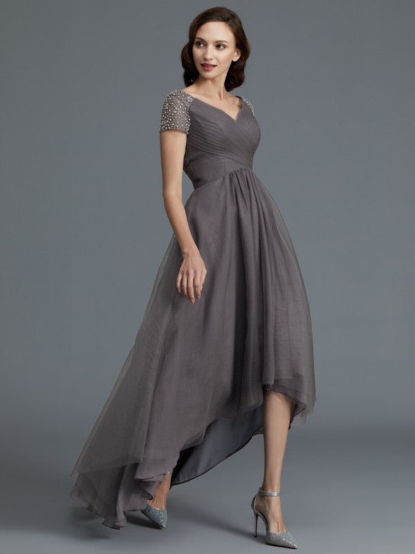 A-Line V-Neck Tulle Short Sleeve Asymmetric Mini Dress - Chloe Dress