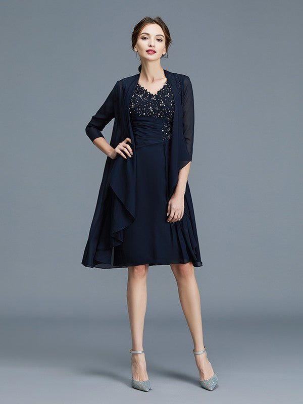 Sheath V-Neck Chiffon Sleeveless Ruffled Knee-Length Dress - Chloe Dress