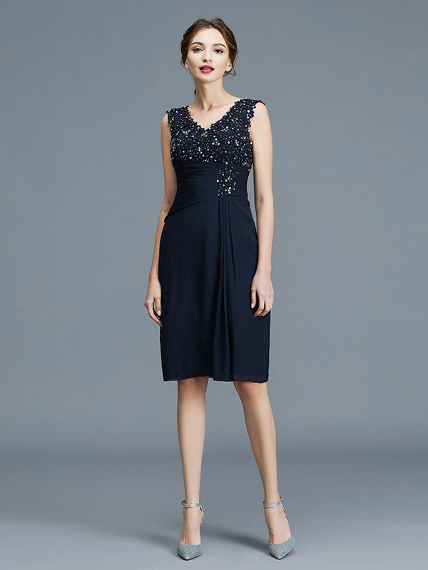 Sheath V-Neck Chiffon Sleeveless Ruffled Knee-Length Dress - Chloe Dress