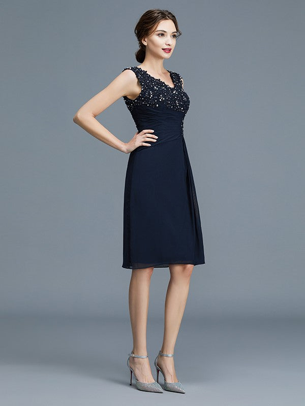 Sheath V-Neck Chiffon Sleeveless Ruffled Knee-Length Dress - Chloe Dress