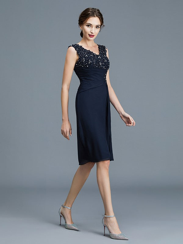 Sheath V-Neck Chiffon Sleeveless Ruffled Knee-Length Dress - Chloe Dress