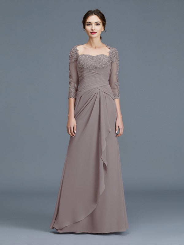 Sheath Sweetheart Chiffon Three-Quarter Sleeve Ruffled Floor-Length Dress - Chloe Dress