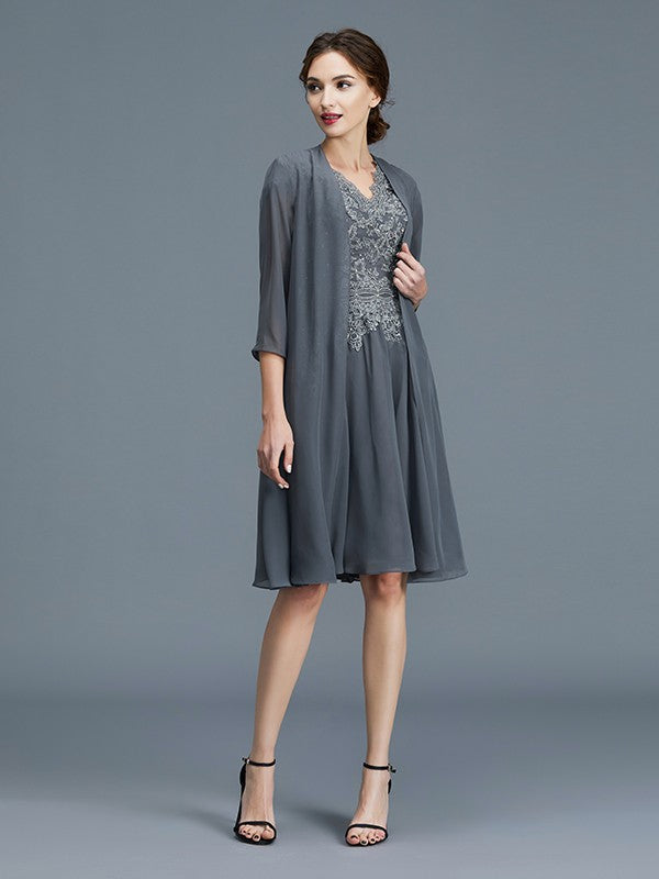 A-Line V-Neck Chiffon Sleeveless Applique Knee-Length Dress - Chloe Dress