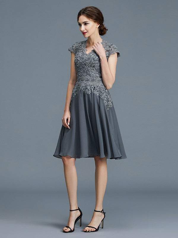 A-Line V-Neck Chiffon Sleeveless Applique Knee-Length Dress - Chloe Dress