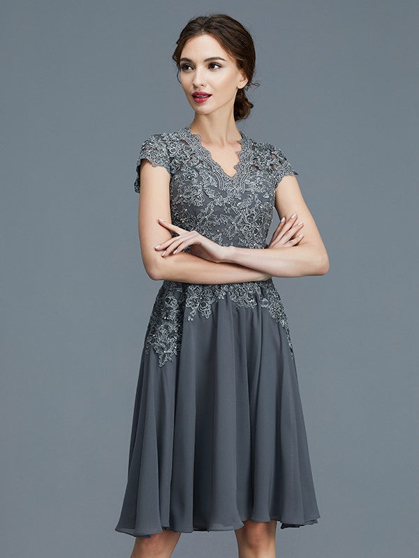 A-Line V-Neck Chiffon Sleeveless Applique Knee-Length Dress - Chloe Dress