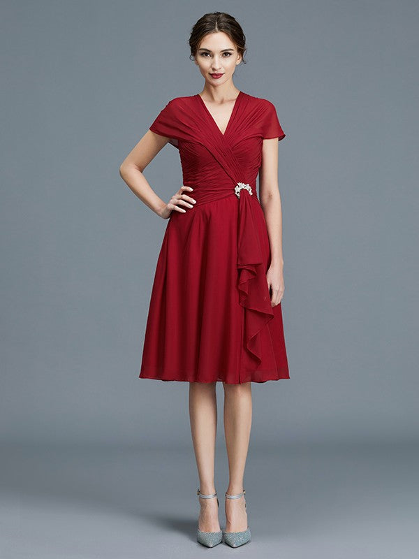 A-Line V-Neck Chiffon Sleeveless Ruffled Knee-Length Dress - Chloe Dress
