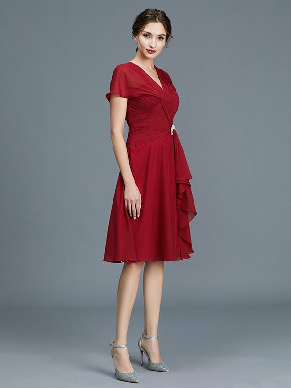 A-Line V-Neck Chiffon Sleeveless Ruffled Knee-Length Dress - Chloe Dress