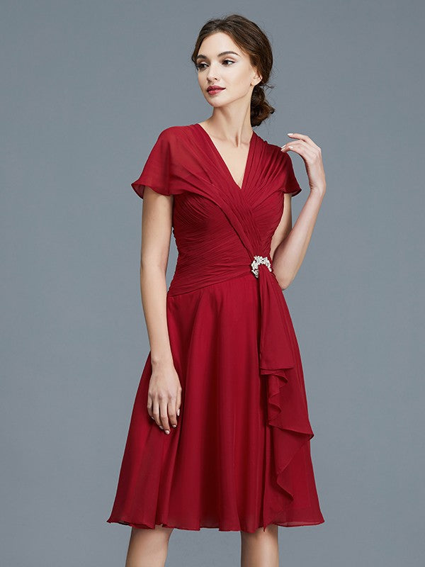 A-Line V-Neck Chiffon Sleeveless Ruffled Knee-Length Dress - Chloe Dress