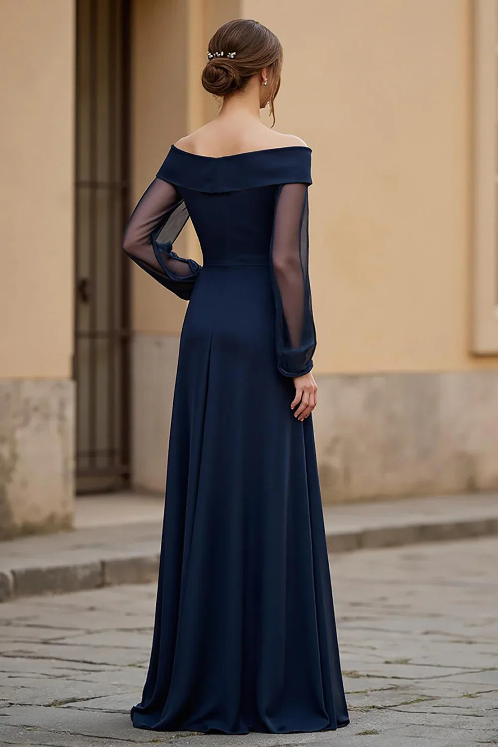 Navy Off‑The‑Shoulder Long Sleeve Chiffon Mother of the Bride Dress