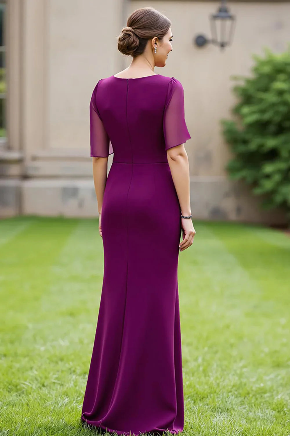 Plum Mermaid Chiffon Mother of the Bride Dress With Floral Sash