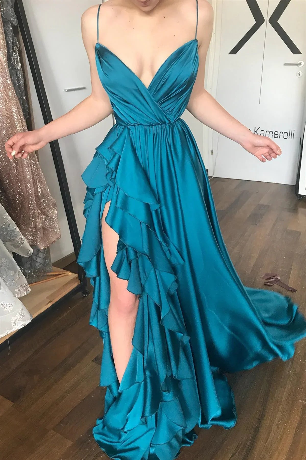 Blue V-Neck Sleeveless High Slit Prom Dress - Chloe Dress