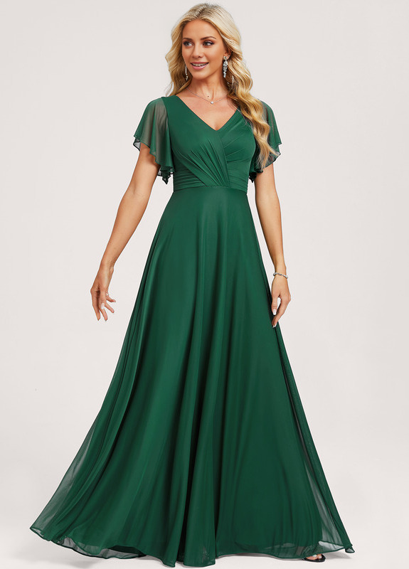 A-Line V-Neck Mesh Ruffled Floor-Length Wedding Dress - Chloe Dress