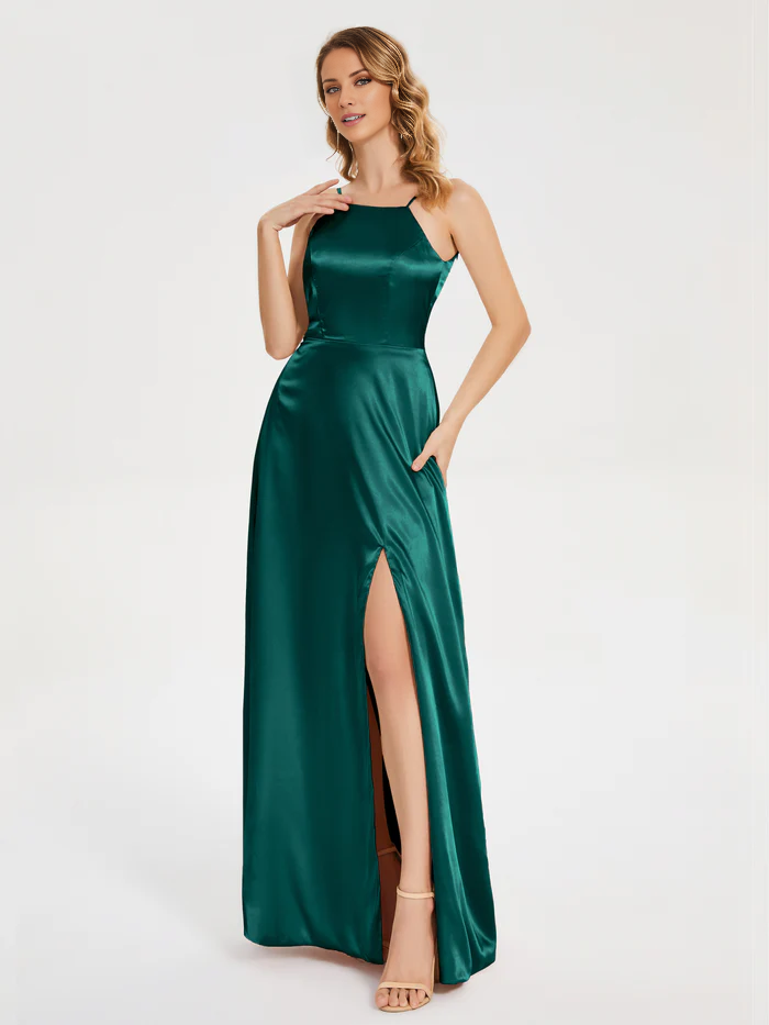 Satin Backless High Slit Floor-Length Wedding Dress - Chloe Dress