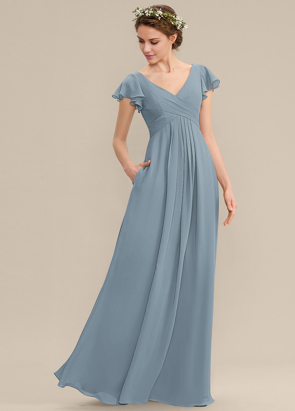 A-Line V-Neck Chiffon Ruffled Floor-Length Wedding Dress - Chloe Dress