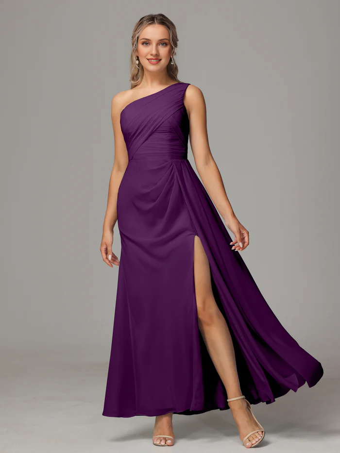 One-Shoulder Chiffon Floor-Length Wedding Dress - Chloe Dress