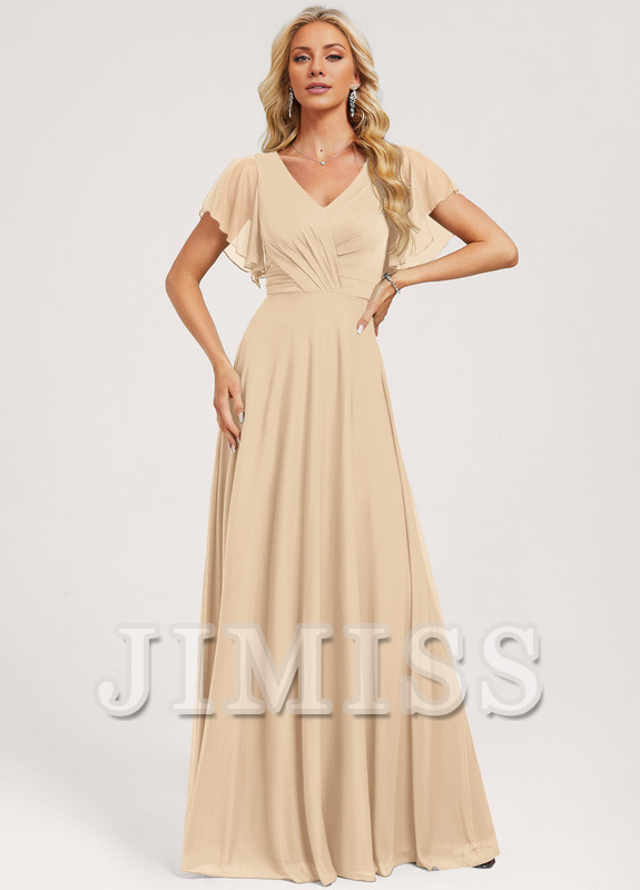 A-Line V-Neck Mesh Ruffled Floor-Length Wedding Dress - Chloe Dress