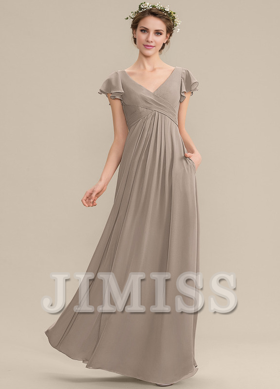 A-Line V-Neck Chiffon Ruffled Floor-Length Wedding Dress - Chloe Dress