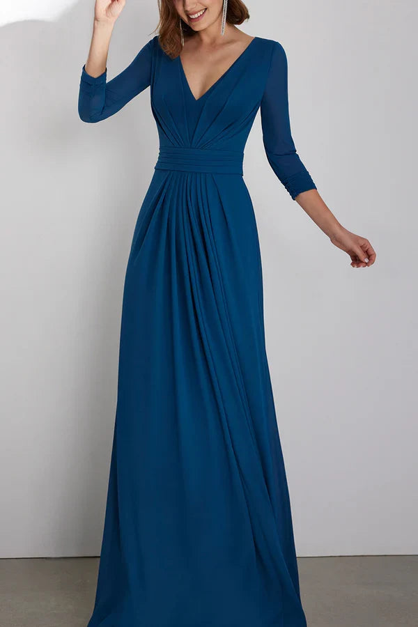 A-Line V-Neck Three-Quarter Sleeve Pleated Dress - Chloe Dress