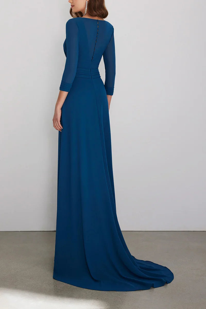 A-Line V-Neck Three-Quarter Sleeve Pleated Dress - Chloe Dress