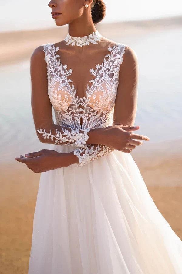 A-Line Illusion Lace Long Sleeve Wedding Dress - Chloe Dress
