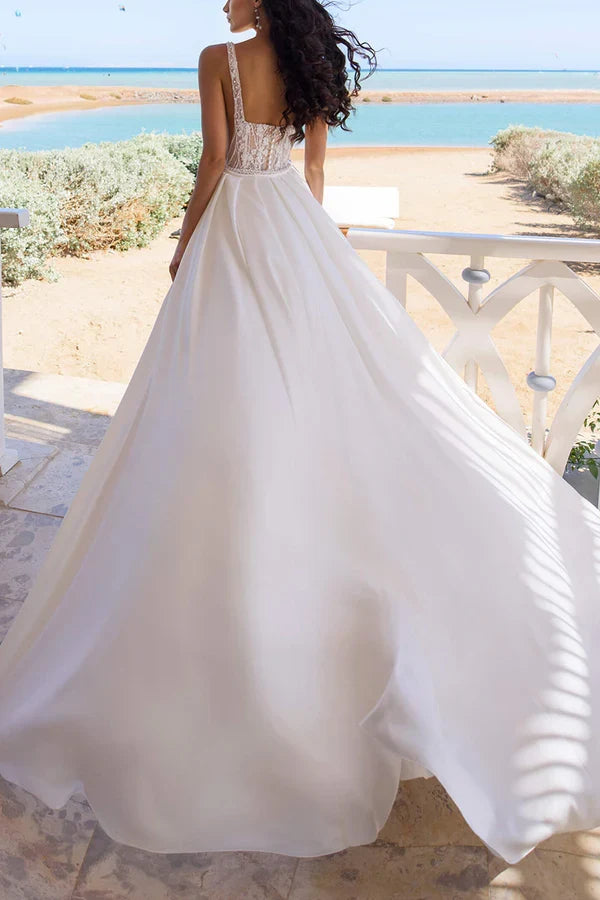 Square Neck Lace High Slit Wedding Dress - Chloe Dress