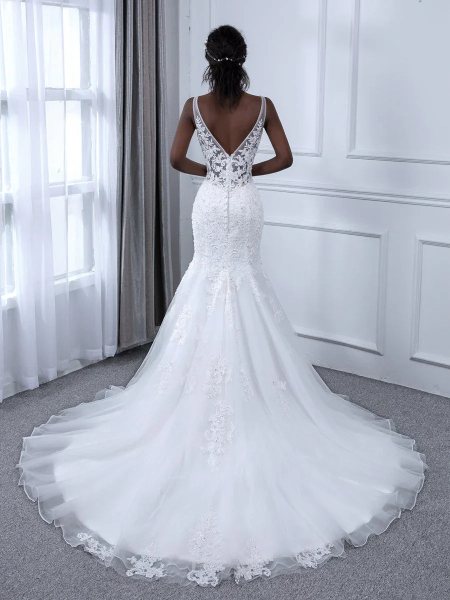 V-Neck Sequin Sleeveless Beaded Wedding Dress - Chloe Dress