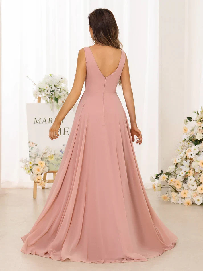 Blush Pink A-Line V-Neck Chiffon High Slit Floor-Length Wedding Dress - Chloe Dress