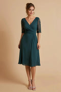 Teal V‑Neck Lace Elbow Sleeve Knee‑Length Mother of the Bride Dress