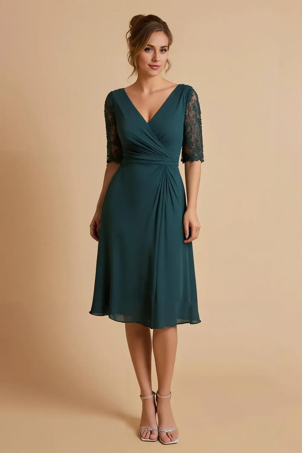 Teal V‑Neck Lace Elbow Sleeve Knee‑Length Mother of the Bride Dress