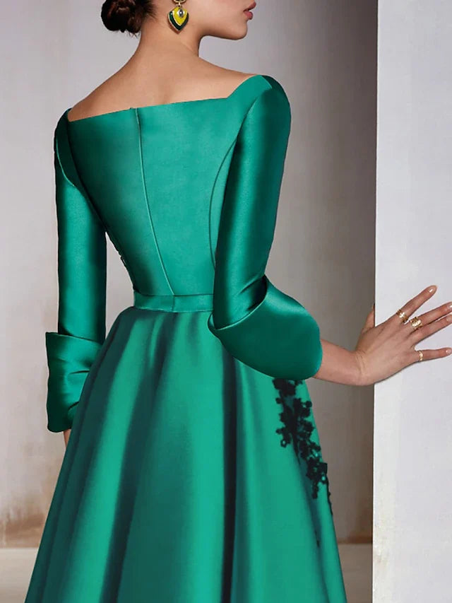 Green A-Line V-Neck Satin Three-Quarter Sleeve Applique Tea-Length Wedding Dress - Chloe Dress