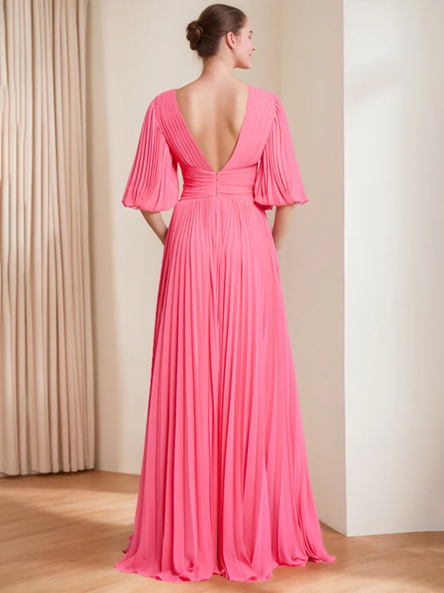 A-Line V-Neck Chiffon Pleated Floor-Length Evening Gown - Chloe Dress
