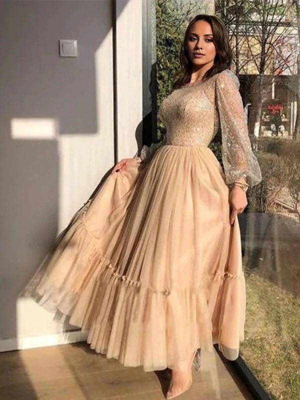 A-Line Tulle Long Sleeve Floor-Length Evening Gown - Chloe Dress