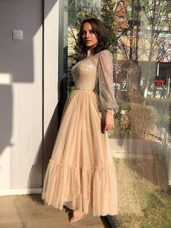 A-Line Tulle Long Sleeve Floor-Length Evening Gown - Chloe Dress