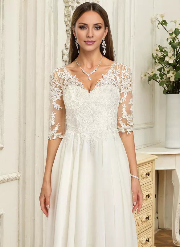 A-Line V-Neck Chiffon Ruffled Wedding Dress - Chloe Dress