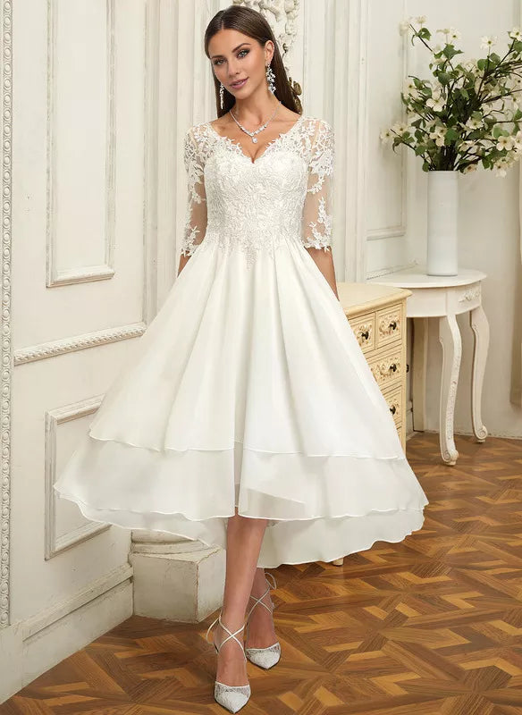 A-Line V-Neck Chiffon Ruffled Wedding Dress - Chloe Dress