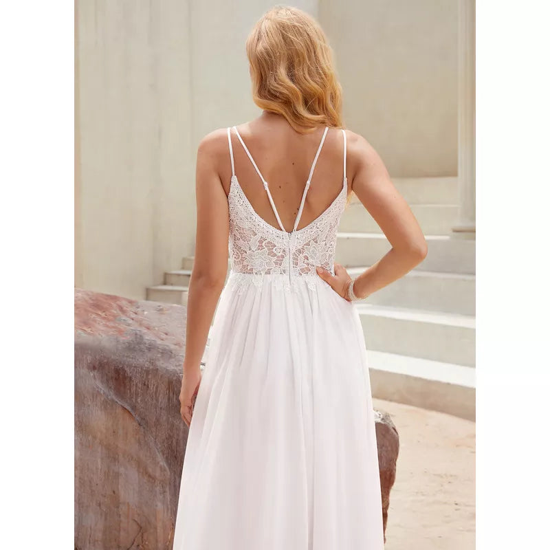 A-Line V-Neck Chiffon Floor-Length Wedding Dress - Chloe Dress