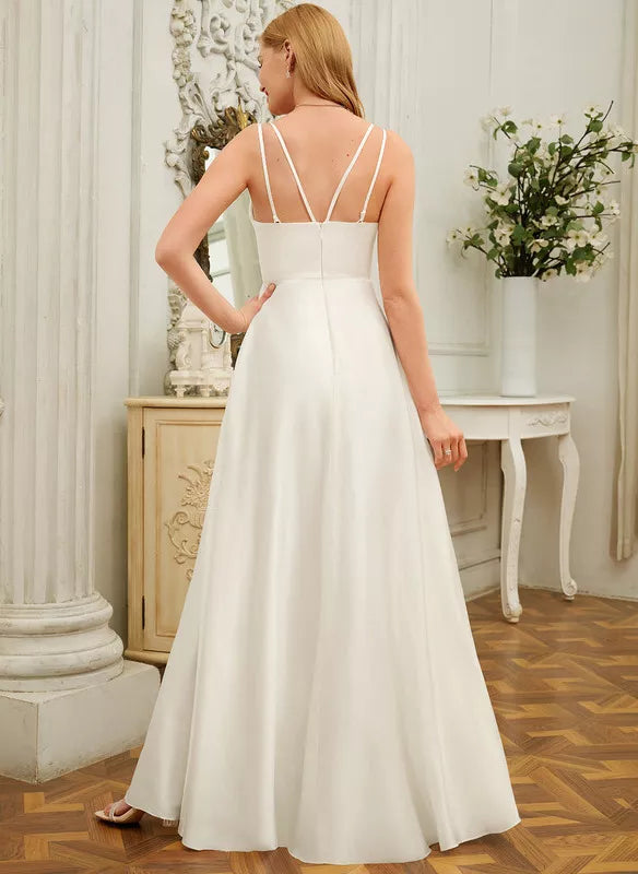 A-Line V-Neck Satin Floor-Length Wedding Dress - Chloe Dress