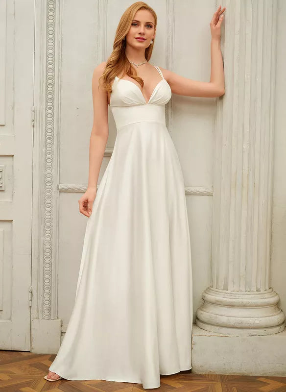 A-Line V-Neck Satin Floor-Length Wedding Dress - Chloe Dress
