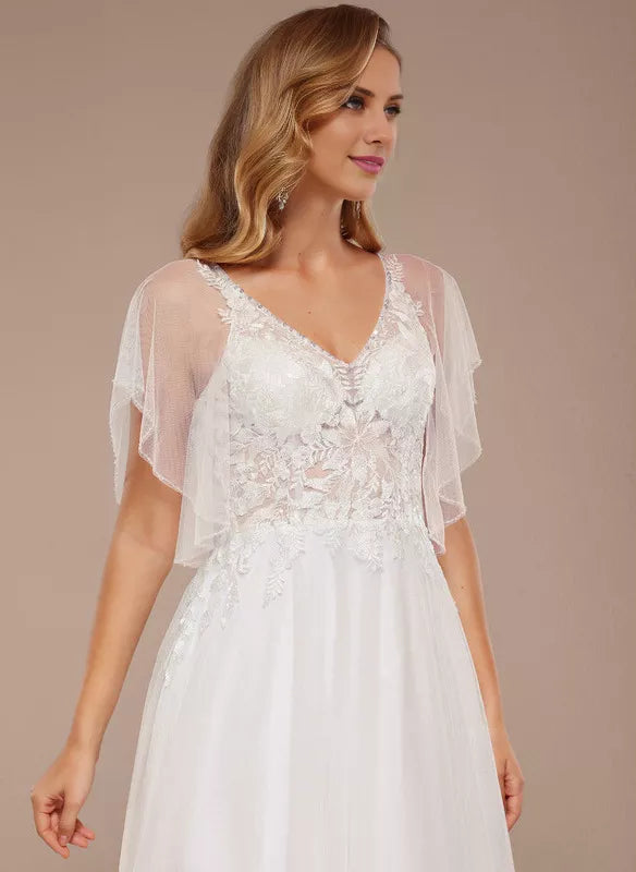 A-Line V-Neck Tulle Ruffled Floor-Length Wedding Dress - Chloe Dress