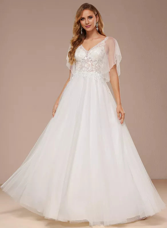 A-Line V-Neck Tulle Ruffled Floor-Length Wedding Dress - Chloe Dress