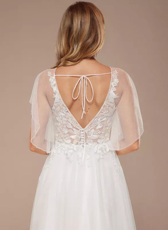 A-Line V-Neck Tulle Ruffled Floor-Length Wedding Dress - Chloe Dress