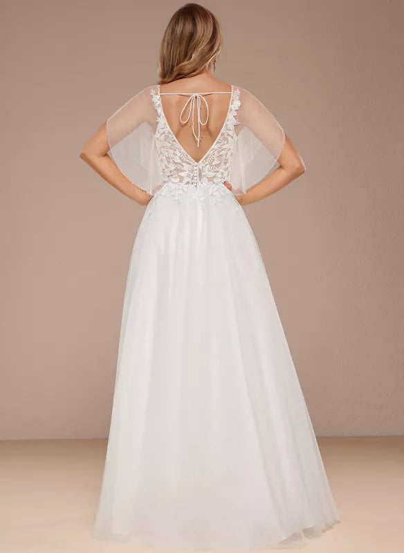 A-Line V-Neck Tulle Ruffled Floor-Length Wedding Dress - Chloe Dress