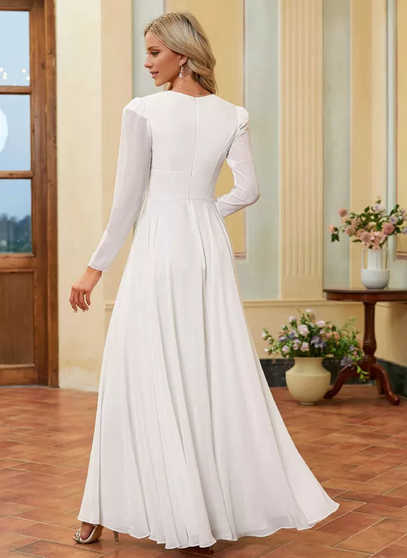 A-Line V-Neck Chiffon Long Sleeve Floor-Length Wedding Dress - Chloe Dress