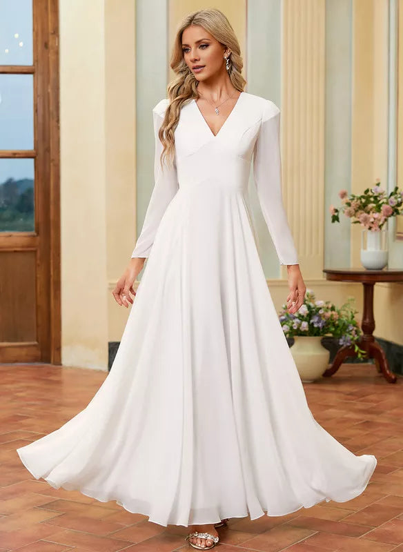 A-Line V-Neck Chiffon Long Sleeve Floor-Length Wedding Dress - Chloe Dress